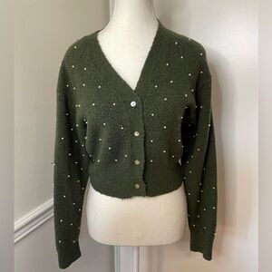 Zara Pearl Embellished Wool Blend Cropped Cardigan S